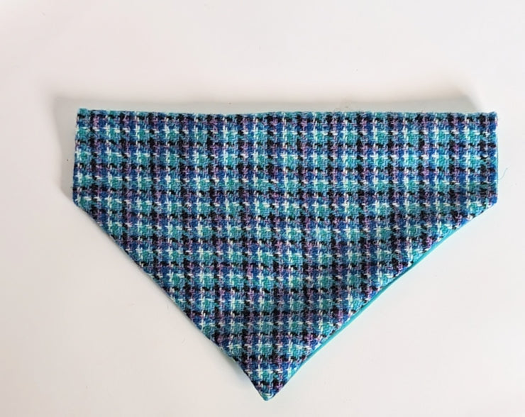 Teal Lilac & Black Check Luxury Harris Tweed dog Bandana Info