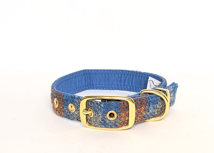 Collared Creatures Orange and Blue Check Buckle Fastening Harris Tweed Luxury Dog Collar