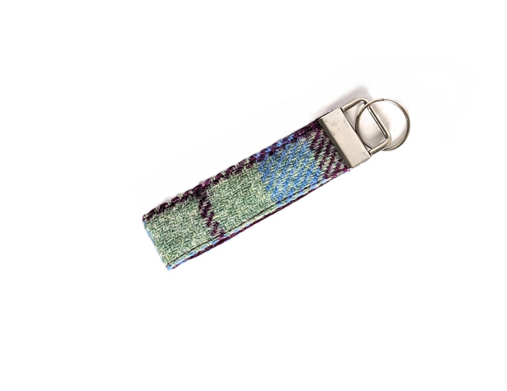 &nbsp;Burgundy and Blue Check Luxury Handmade Harris Tweed Keyrings / Key Fobs