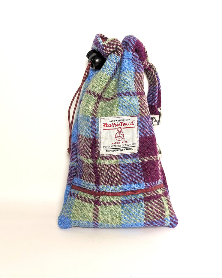Burgundy and Blue Check Harris Tweed Treat Bag With Built-In Poop Bag Dispenser