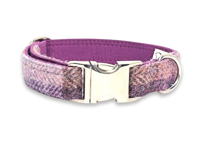 Pretty Pink Block Herringbone Check Harris Tweed Dog Collar by Collared Creatures - Luxury Handmade Dog Collars UK, Durable & Stylish, Available in Multiple Sizes
