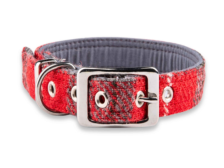 Red & Grey Luxury Harris Tweed Dog Collar by Collared Creatures - Designer Handmade Harris Tweed Dog Collar, Tough & Stylish, Available in Small, Medium, Large and Extra Large