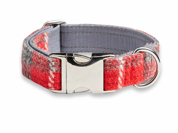 Red And Grey Check Harris Tweed Luxury Dog Collar by Collared Creatures - Handmade Harris Tweed Dog Collar, Durable & Stylish, Available in Multiple Sizes
