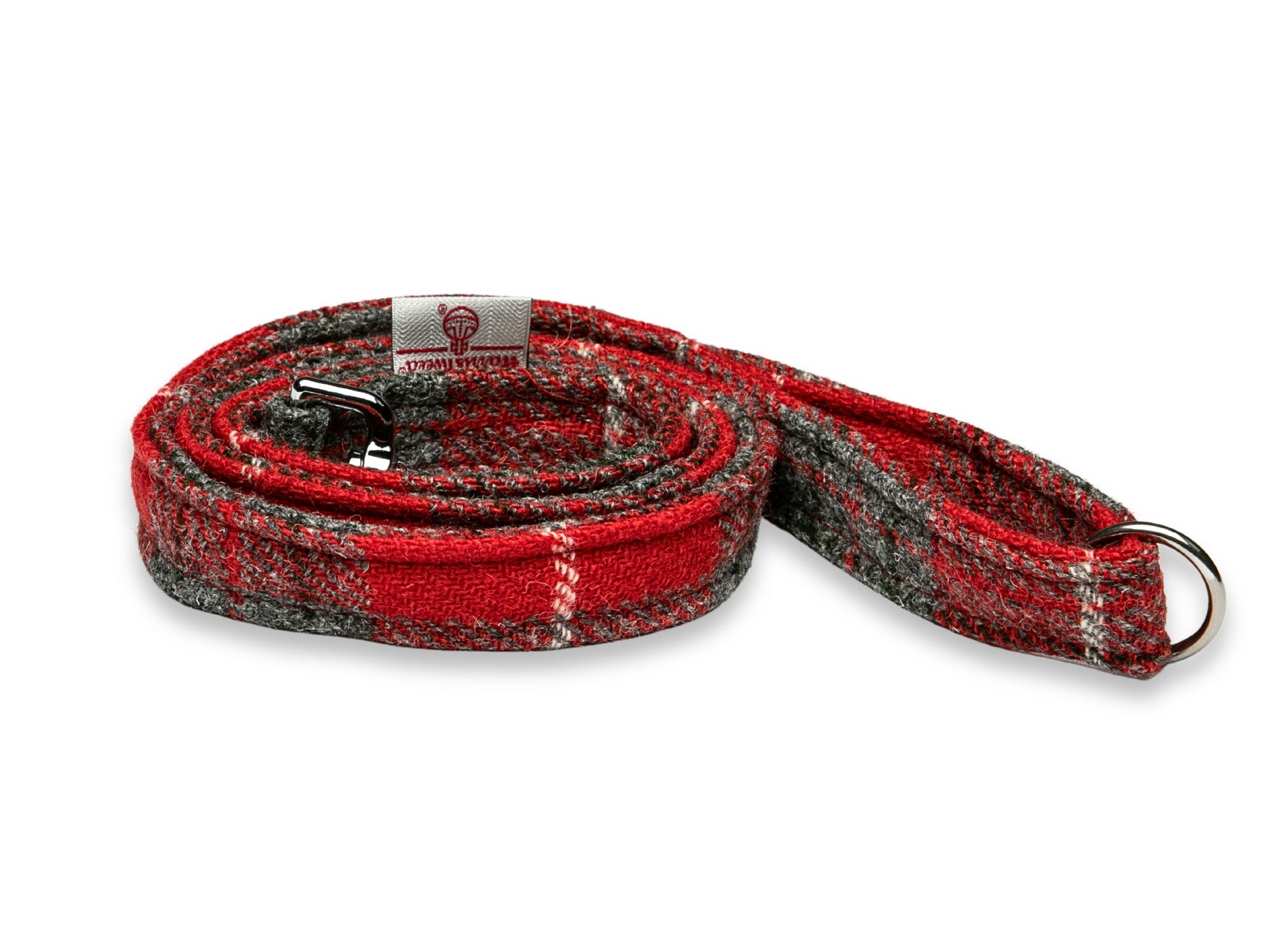 Collared Creatures Red & Grey Check Harris Tweed Luxury Dog Lead. Designed and Made in the UK. Heritage Harris Tweed Design. Machine Washable. Hard Wearing and Stylish. 