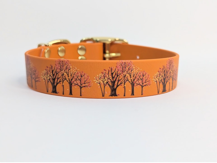 Autumn Trees on Burnt orange Printed Waterproof Biothane Dog Collar/collared creatures