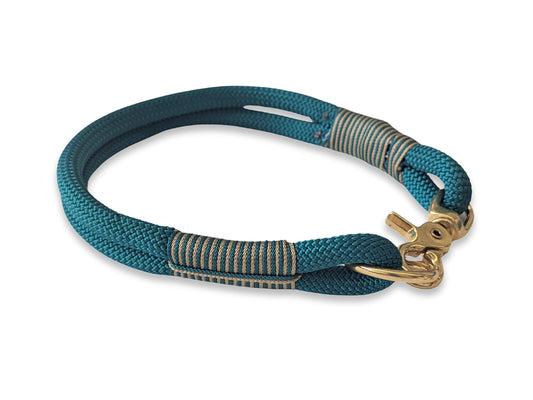 Seaweed green heavy-duty rope dog collar, 8 mm weather-proof PPM rope, brass hardware, custom whipping, durable handmade pet accessory
