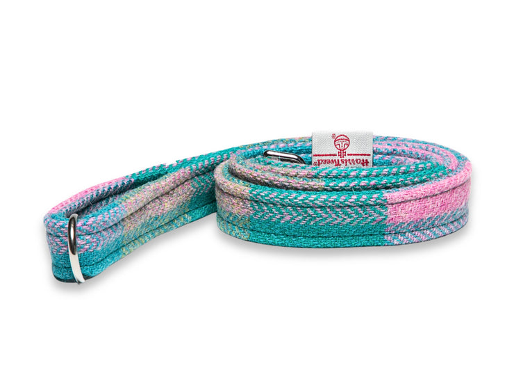 Summer Herringbone check Luxury Harris Tweed Dog Lead Made by Collared Creatures in the UK. Bespoke, Handmade Pink and Blue Dog Lead. Heritage Design Machine Washable. Pair With a Matching Harris Tweed Dog Collar.