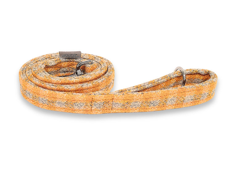 Sunflower Check Luxury Harris Tweed Dog Lead Made by Collared Creatures in the UK. Vibrant Yellow Designer Harris Tweed Dog Leash. High Quality, Durable and Machine Washable. Complete the Look With a Matching Harris Tweed Dog Collar.
