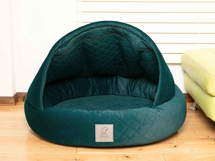 Teal cocoon dog bed with hood open and no curtains, ideal for cosy lounging