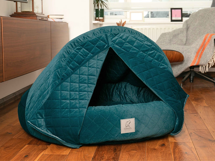 Open teal cocoon dog bed on wooden floor showing interior space