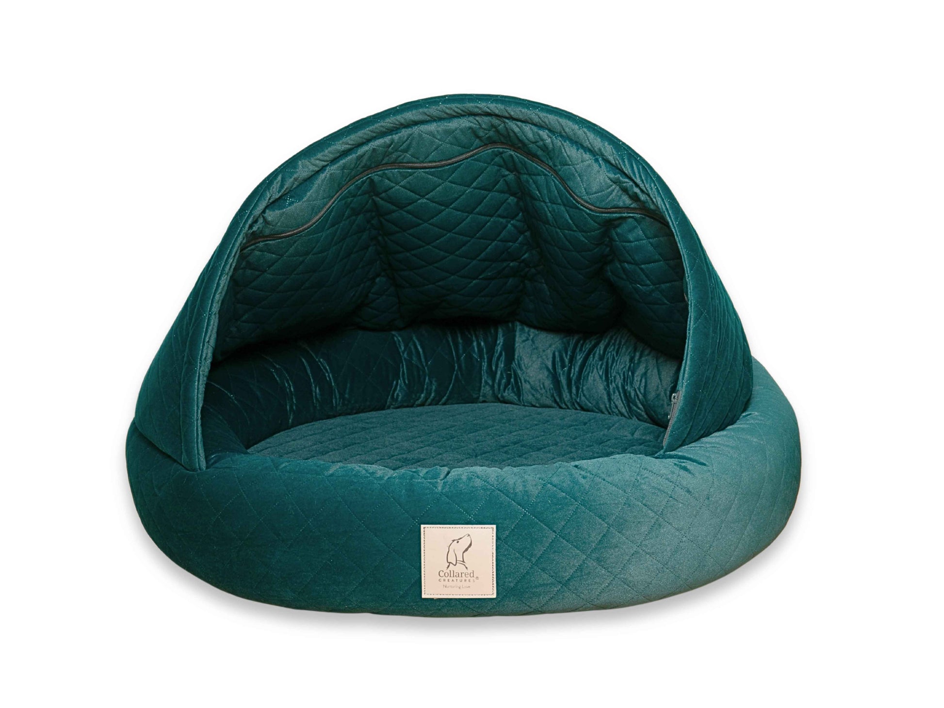 Teal Collared Creatures cocoon dog bed isolated on a white background for product display