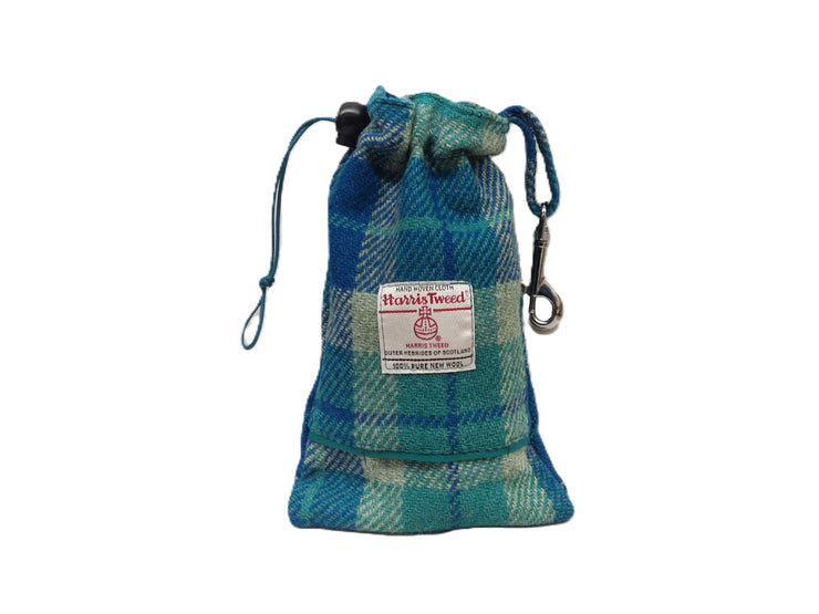Collared Creatures Teal &amp; Blue Check Harris Tweed Treat Bag With Built-In Poop Bag Dispenser