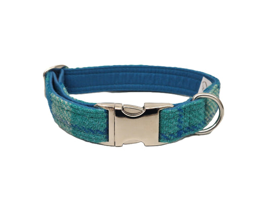 Teal & Blue Check Luxury Harris Tweed Dog Collar