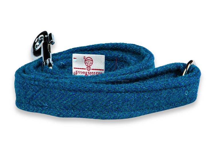 Collared Creatures Teal Herringbone Harris Tweed Luxury Dog Lead. Handmade in the UK. Heritage Blue Harris Tweed Designer Dog Leash. Pair With a Matching Harris Tweed Dog Collar.