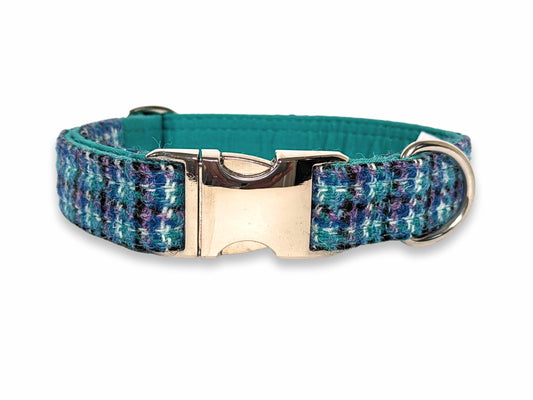 Teal Lilac & Black Check Luxury Harris Tweed Dog Collar by Collared Creatures - Quality Handmade Harris Tweed Dog Collar, Durable & Stylish, Available in Multiple Sizes
