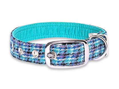 Teal & Lilac Check Luxury Harris Tweed Dog Collar by Collared Creatures - Heritage Harris Tweed Buckle Dog Collar, Vibrant & Colourful Tweed Design, Durable & Stylish, Available in Multiple Sizes