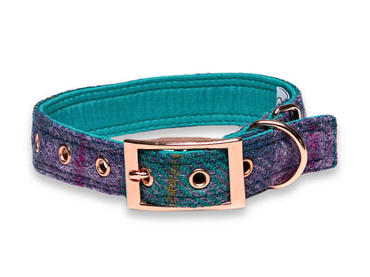 Teal Lilac Check Luxury Harris Tweed Dog Collar by Collared Creatures - Luxury Handmade Tweed Clasp Dog Collar, Durable & Stylish, Available in Multiple Sizes