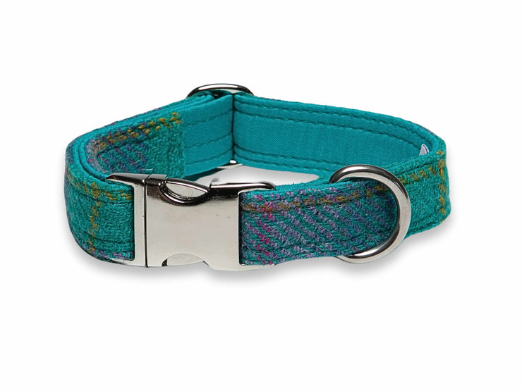 Teal & Lilac Check Luxury Harris Tweed Dog Collar by Collared Creatures - Wool Collar for S,M,L Dogs, Durable & Stylish
