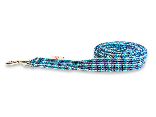 Collared Creatures Teal Lilac and Black Check Harris Tweed Luxury Dog Lead Handmade in the UK. High Quality Designer Heritage Harris Tweed Dog Leash. Complete the Look With a Matching Harris Tweed Dog Collar.