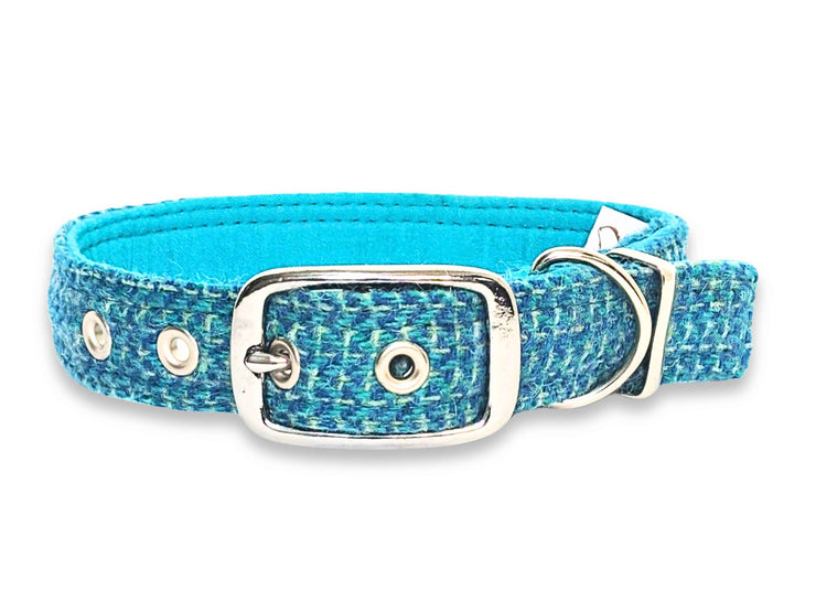 Turquoise Luxury Harris Tweed Dog Collar by Collared Creatures - Traditional Luxury Handmade Harris Tweed Pet Collar, Designed and Made in Britain, Available in Small, Medium, Large and Extra Large
