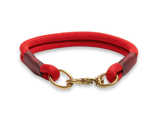 Vibrant red nautical rope dog collar, 8 mm handmade PPM cord with brass fittings and custom whipping, durable pet accessory
