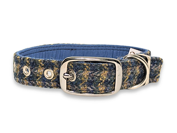 Yellow & Blue Small Check Luxury Harris Tweed Dog Collar by Collared Creatures - Heritage Designer Handmade Harris Tweed Pet Collar, Made in the UK, Durable & Stylish, Available in Multiple Sizes