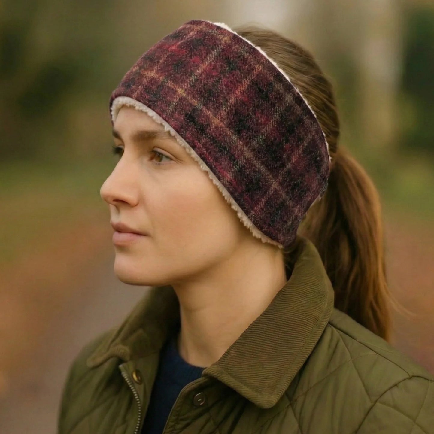 Woman wearing a red plaid tweed headband and green jacket in a natural setting