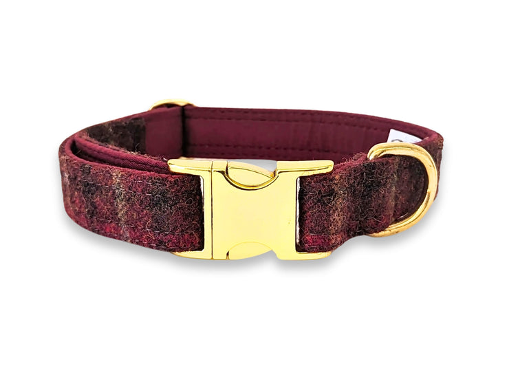 Abraham Moon Balmoral Claret Tweed Dog Collar – Handmade Luxury Wool Dog Collar UK with Free Engraving by Collared Creatures