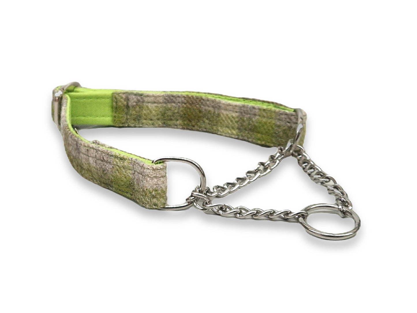 Bibury-Lichen tweed martingale dog collar made with Abraham Moon wool, handmade in Yorkshire with soft cotton lining, ideal for gentle control