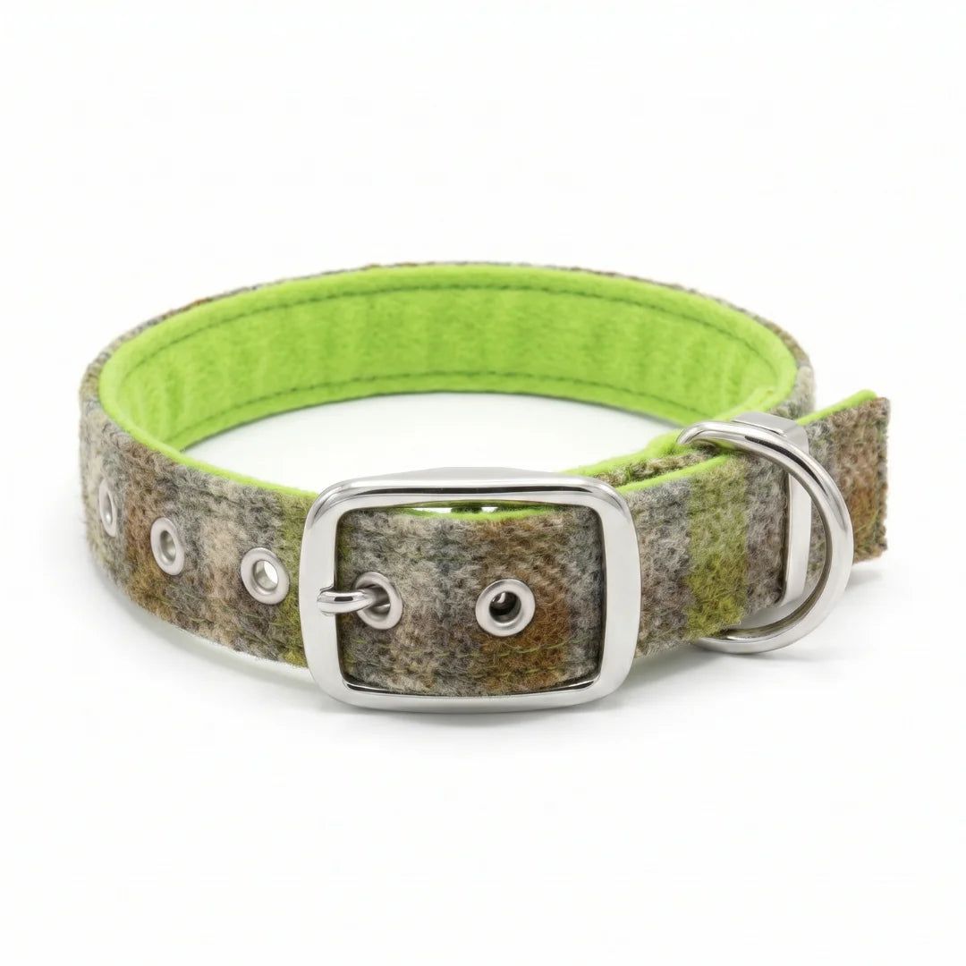 A dog collar made of a textured green and brown camouflage patterned fabric, featuring a bright lime green felt lining, silver-tone metal hardware, and a matching buckle.