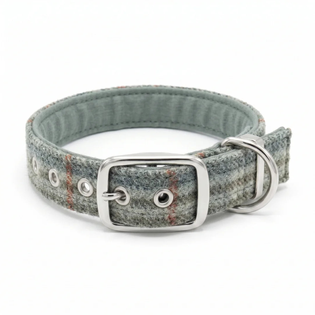 A textured gray and blue herringbone dog collar with a silver metal buckle and D-ring, shown on a white background.