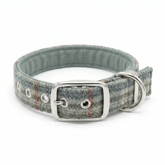 A textured gray and blue herringbone dog collar with a silver metal buckle and D-ring, shown on a white background.