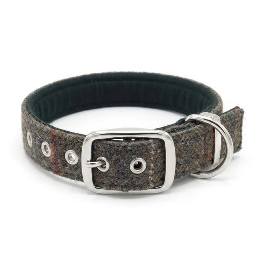 A textured tweed dog collar with a silver buckle, D-ring, and metal eyelets, shown on a plain white background.