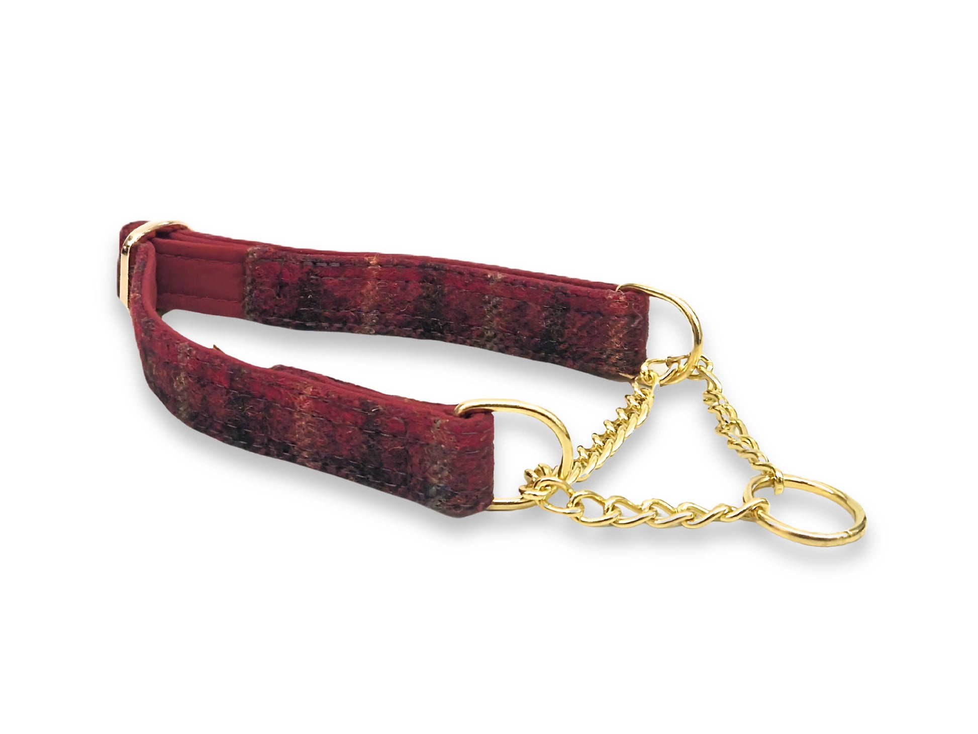 Claret red Abraham Moon tweed martingale dog collar, handmade in Yorkshire with soft cotton lining for gentle control and stylish sighthounds