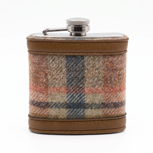 Abraham Moon Glen Coe Terracotta wool hip flask, 6oz stainless steel with tan faux leather trim, front view