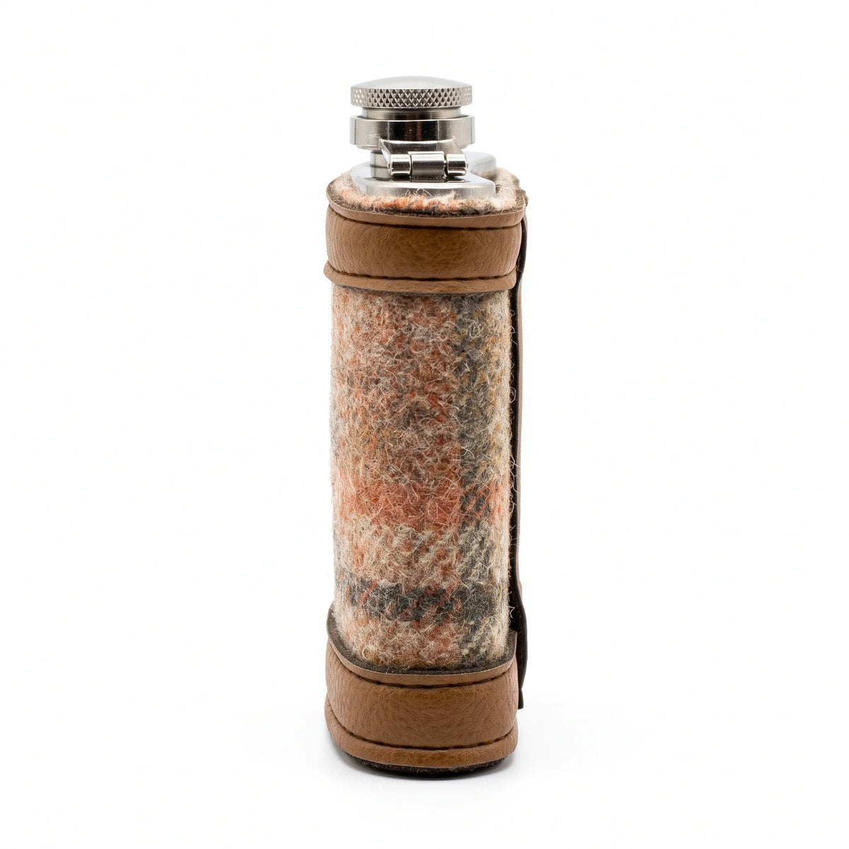 Side view of wool covered hip flask showing slim 2cm profile and hinged captive cap