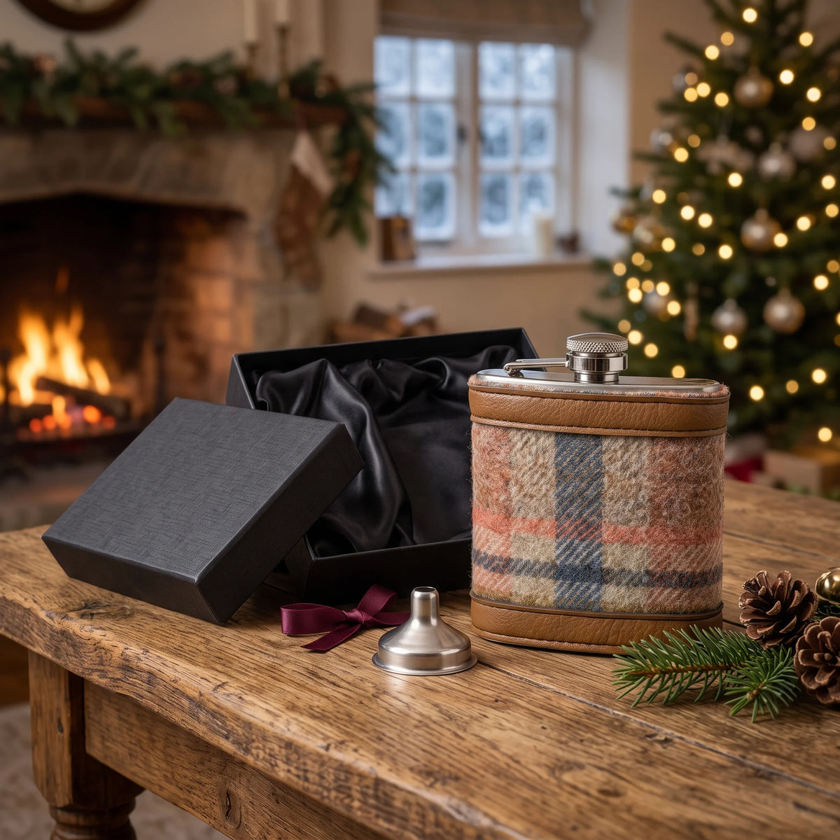 Wool covered hip flask gift set with black gift box and funnel by a fireplace and Christmas tree