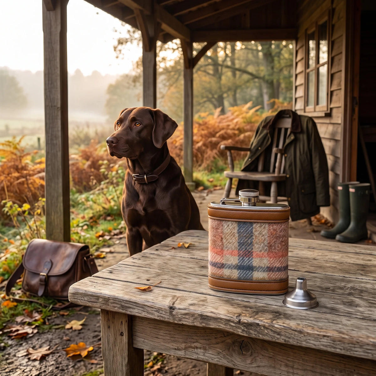 Glen Coe Terracotta wool hip flask on a rustic table with a chocolate Labrador on an autumn morning