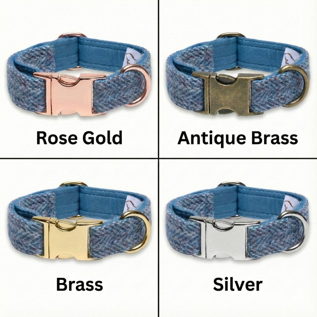 Four blue dog collars with different metal buckles labeled Rose Gold, Antique Brass, Brass, and Silver.