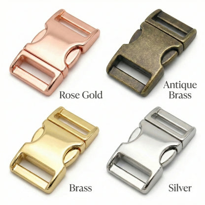 Four metal buckles in rose gold, antique brass, brass, and silver on a white background.