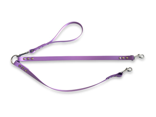 Amethyst waterproof Biothane double dog lead, tangle-free and perfect for two dogs
