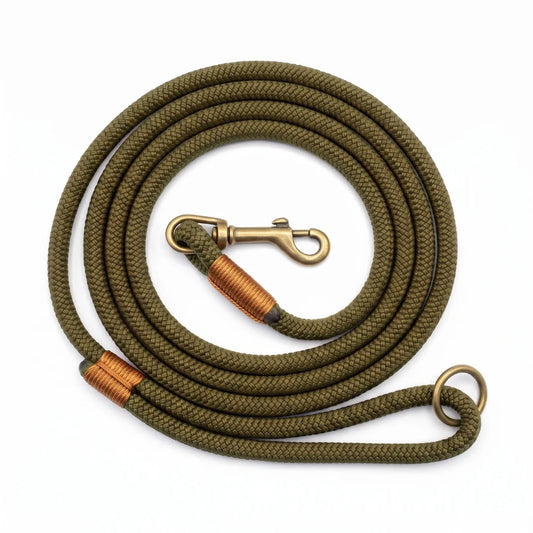 An olive green braided rope leash with brass-colored hardware, including a swivel snap hook and a metal ring, coiled on a white background.