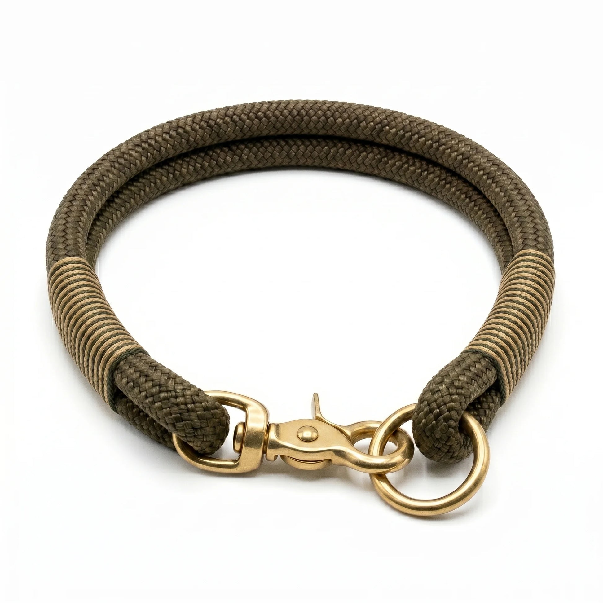 army green rope dog leash with gold clasp on a white background