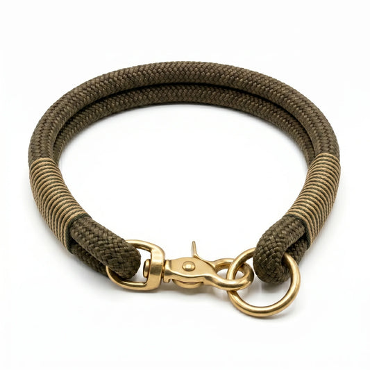 army green rope dog leash with gold clasp on a white background