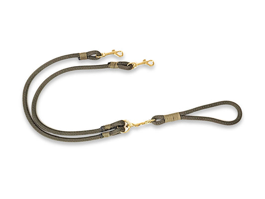 Army green handmade rope split double dog lead with durable brass hardware and custom whipping