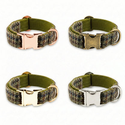 Four green dog collars with different metal buckles on a white background