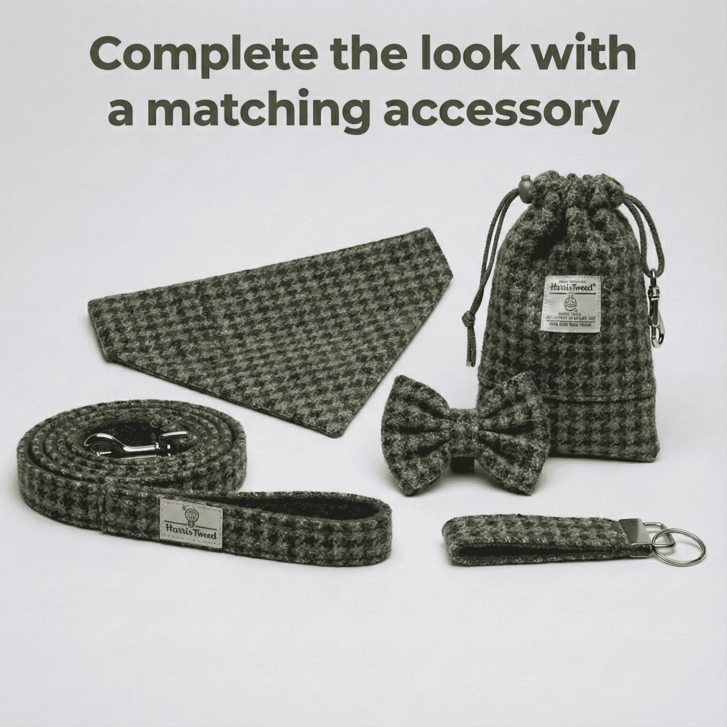 Houndstooth patterned pet accessories including a collar, leash, bow tie, and pouch on a light gray background.