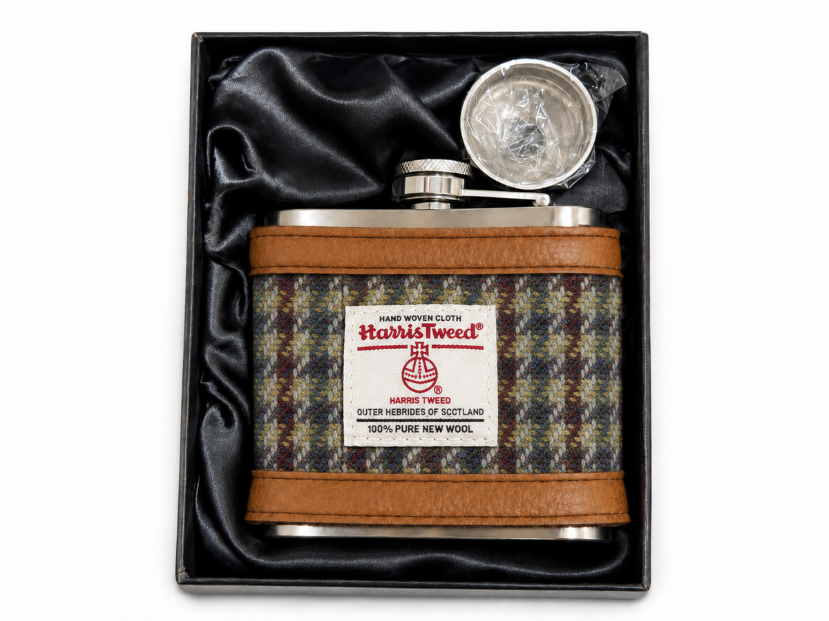 autumnal check harris tweed hip flask