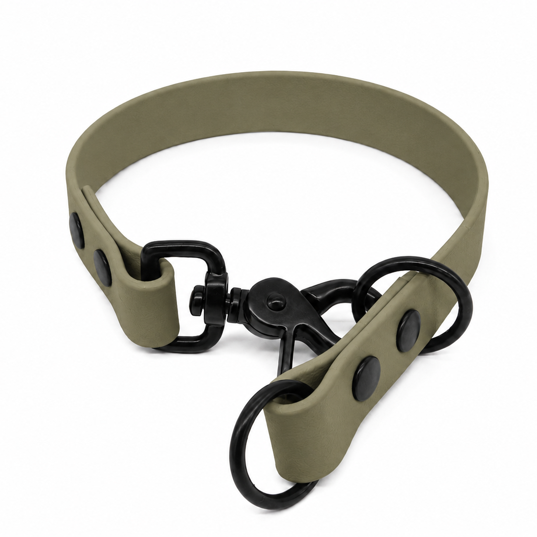An olive dog collar with black hardware, including a swivel snap closure, rings