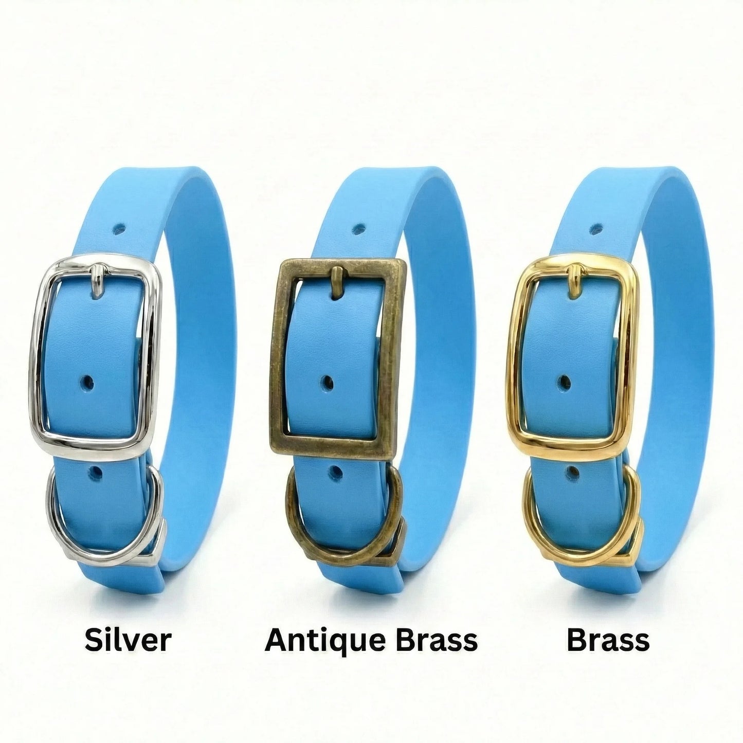 Three blue biothane dog collars with different colored buckles on a white background.